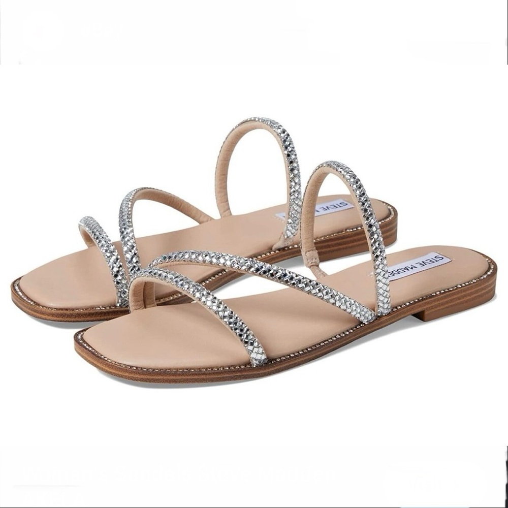 NWT Women's Steve Madden Starie Silver Rhinestone Slip On Sandals Size 7